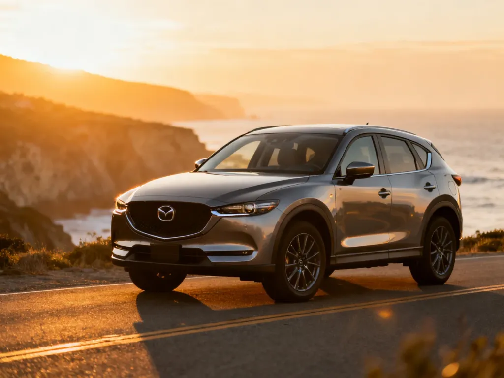 Nowoczesna Mazda CX-5 zaparkowana na nadmorskiej drodze podczas zachodu słońca, podkreślająca elegancki design SUV-a.