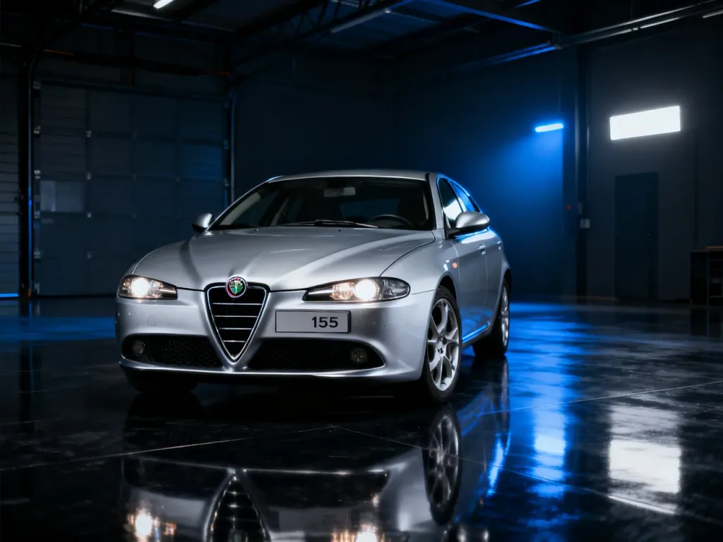 Srebrna Alfa Romeo 159 w profesjonalnym oświetleniu, prezentująca charakterystyczny grill i reflektory modelu.