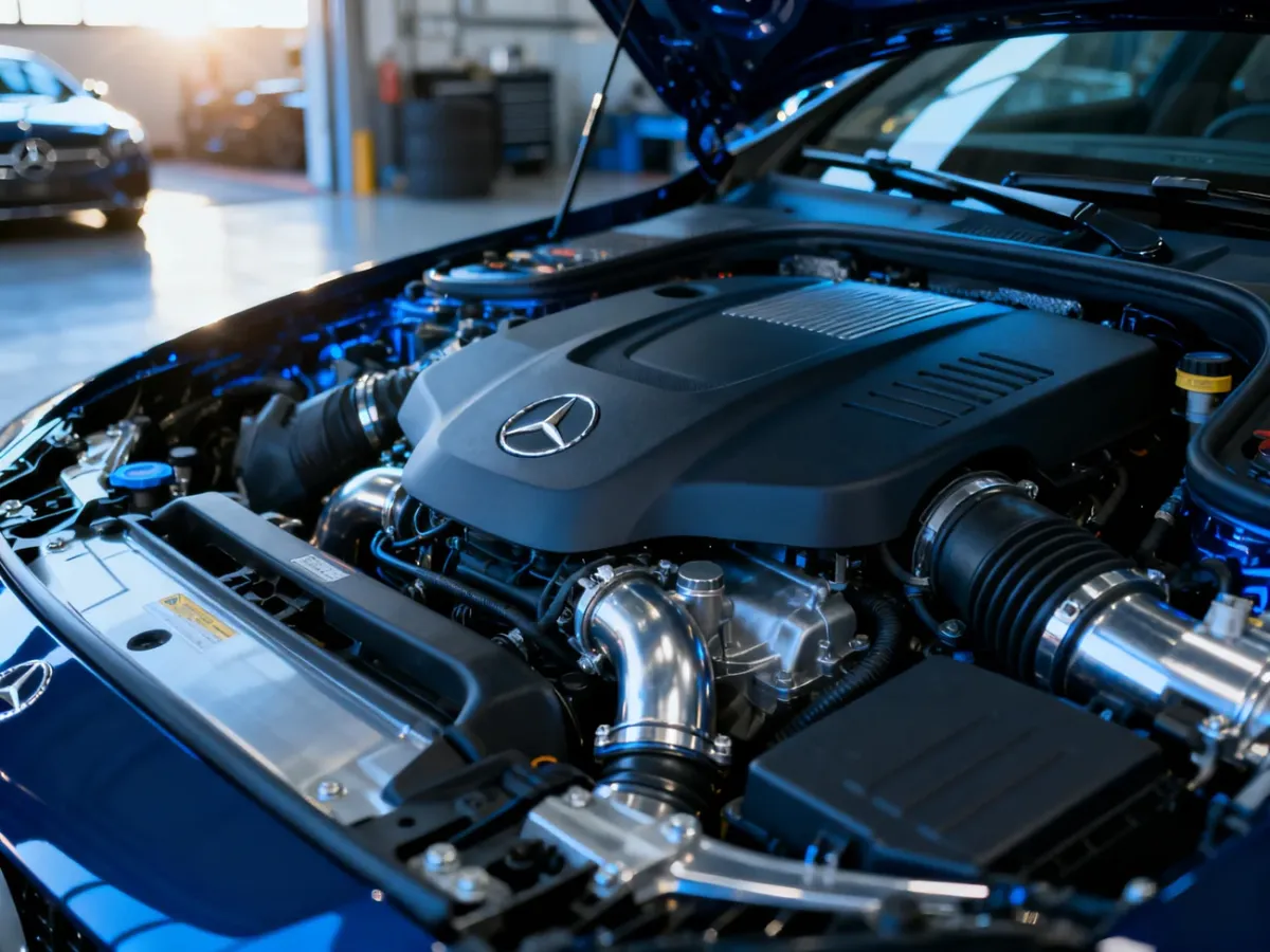 Nowoczesna komora silnika Mercedesa CLA z widocznymi detalami technicznymi jednostki napędowej.