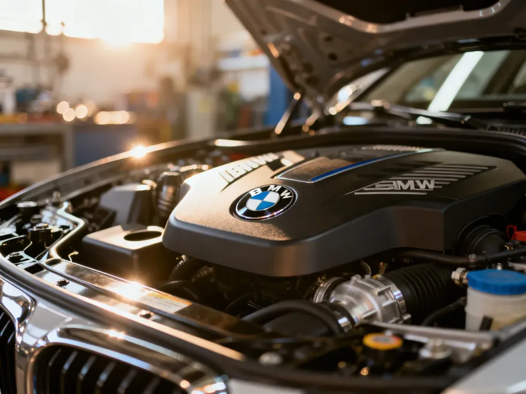 Zbliżenie na silnik BMW z widocznym logo marki, podkreślające estetykę i stan techniczny jednostki napędowej.