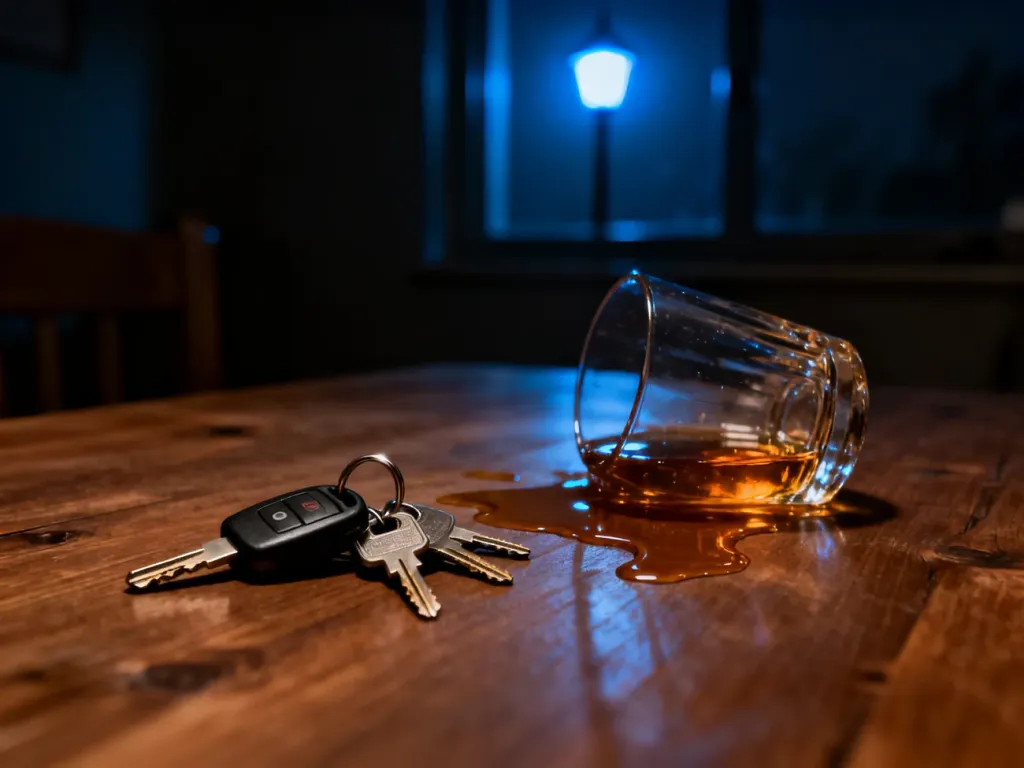 Kluczyki samochodowe obok rozlanego alkoholu na stole, symbolizujące niebezpieczeństwo prowadzenia pod wpływem.