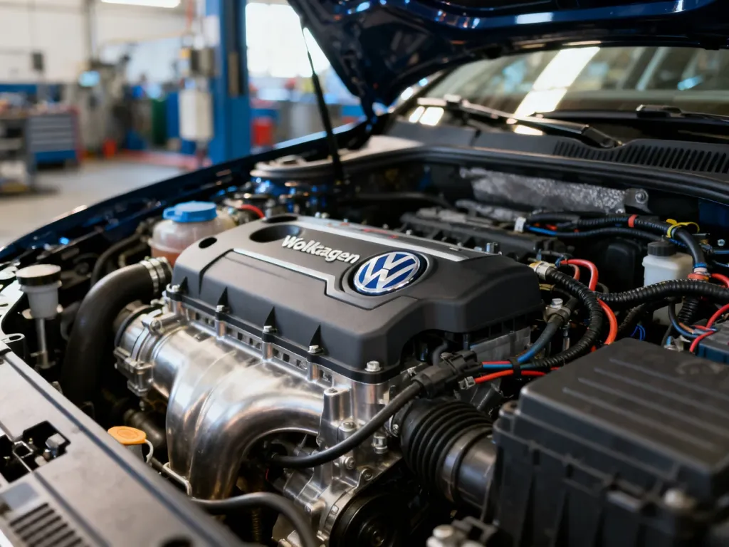 Widok na nowoczesną jednostkę napędową pod maską Volkswagena Tourana w profesjonalnym warsztacie.