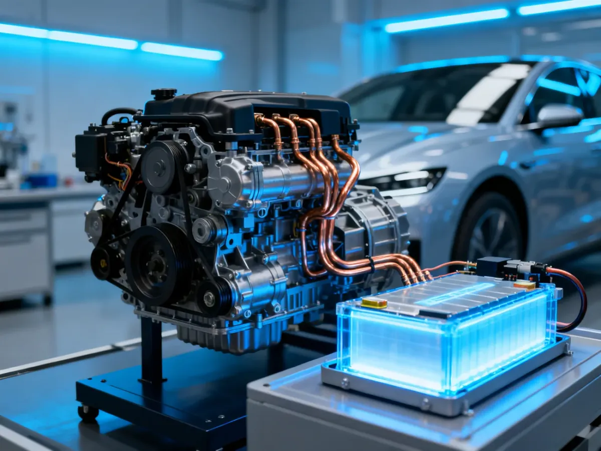 Nowoczesny silnik hybrydowy z widocznymi podzespołami elektrycznymi i mechanicznymi w zaawansowanym laboratorium.