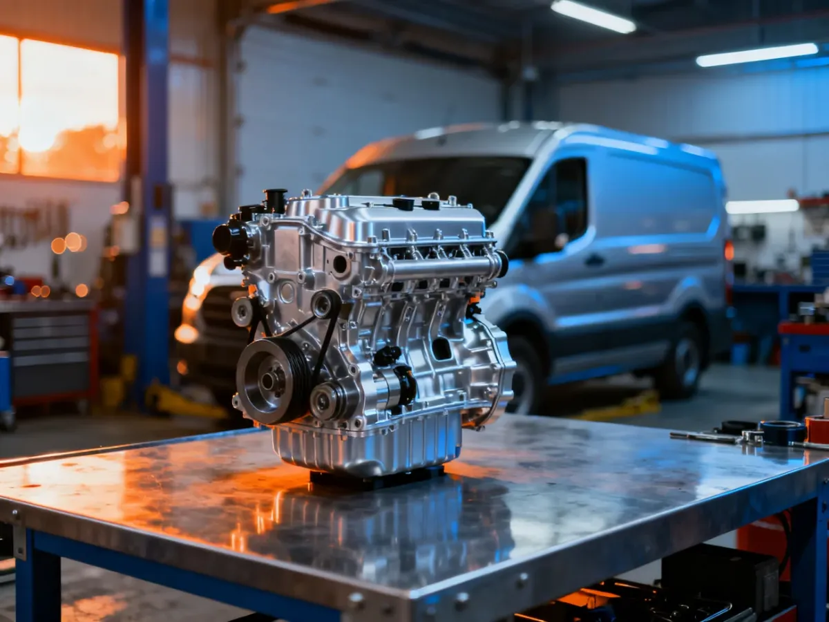 Srebrny blok silnika Mercedesa Vito wyeksponowany na industrialnym stole warsztatowym w profesjonalnym studiu.