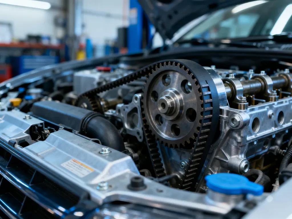 Zbliżenie na precyzyjny mechanizm paska rozrządu w nowoczesnym silniku samochodowym w profesjonalnym warsztacie.