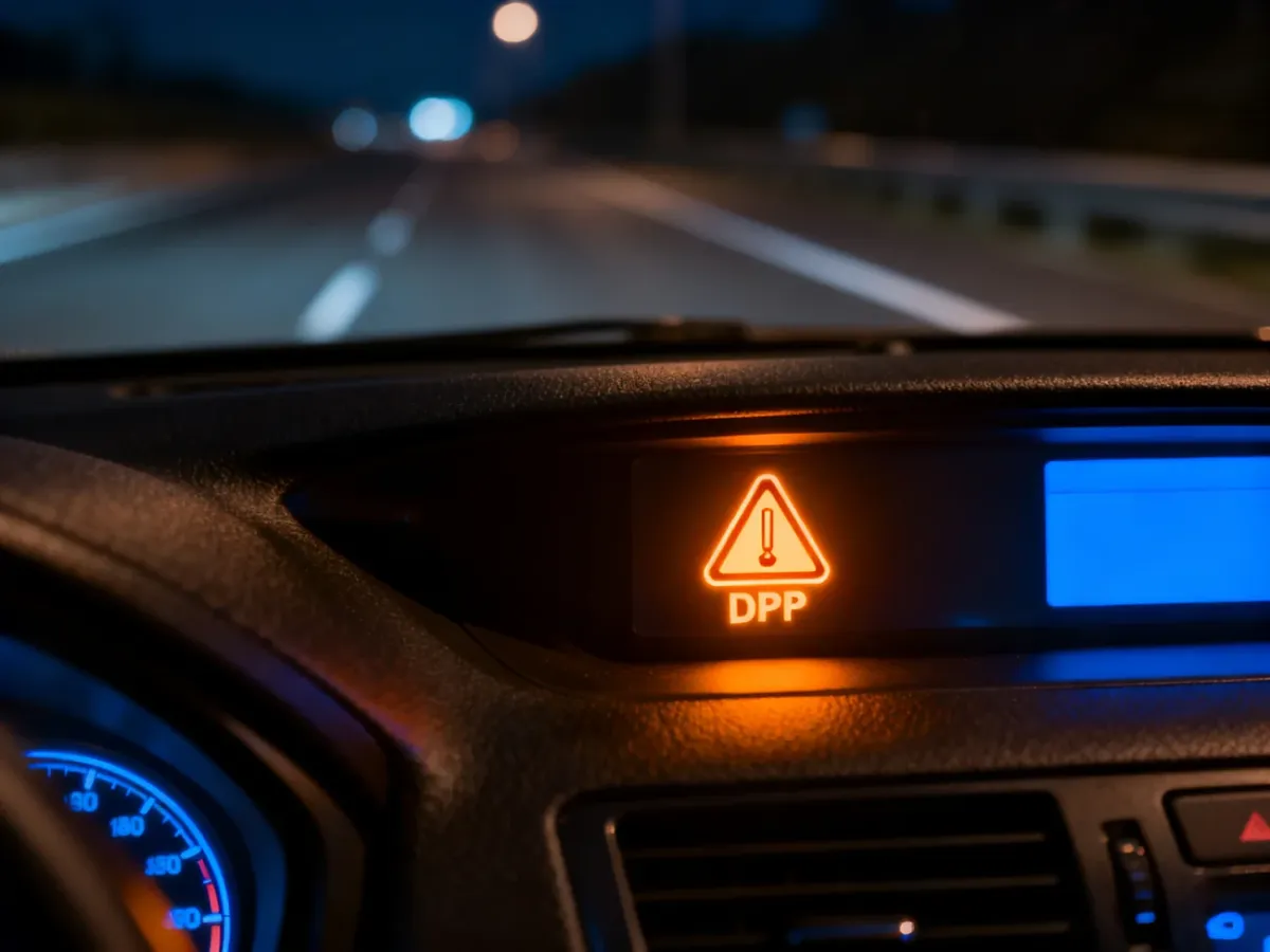 Świecąca na pomarańczowo kontrolka filtra DPF na desce rozdzielczej samochodu podczas nocnej jazdy.