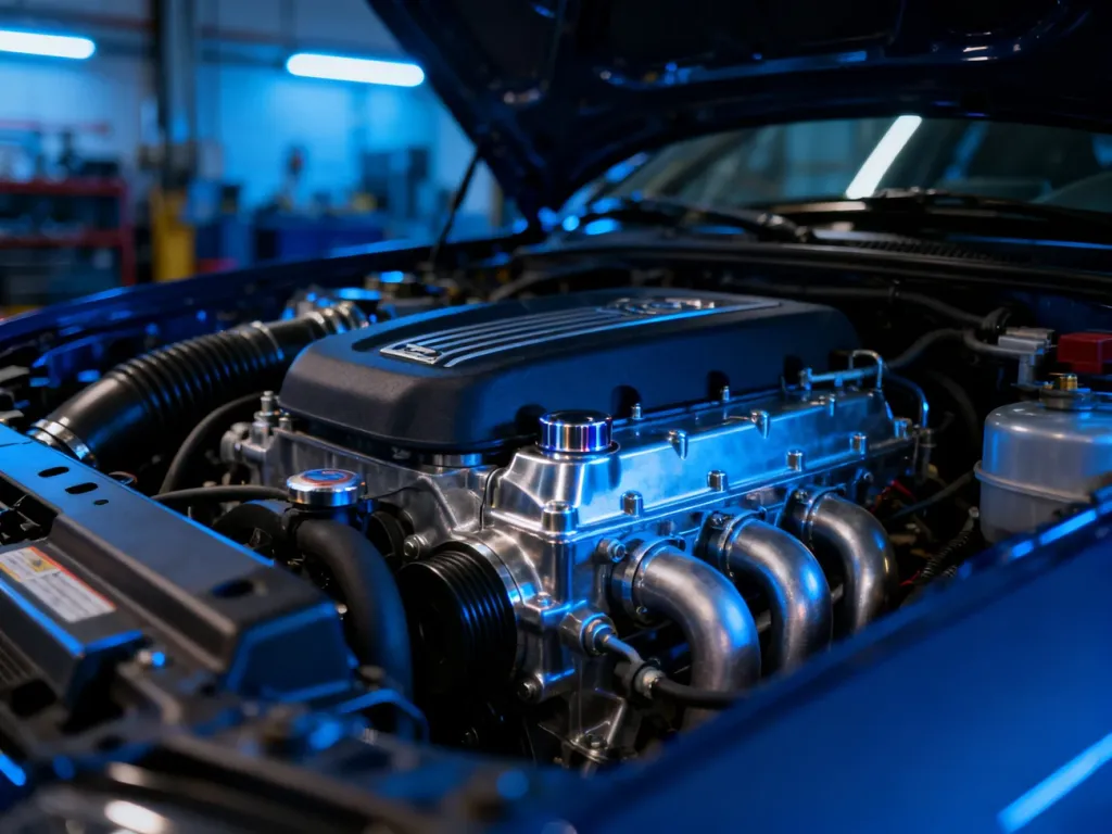 Nowoczesna komora silnika Audi A5 z wyeksponowanymi detalami mechanicznymi w profesjonalnym oświetleniu warsztatowym.
