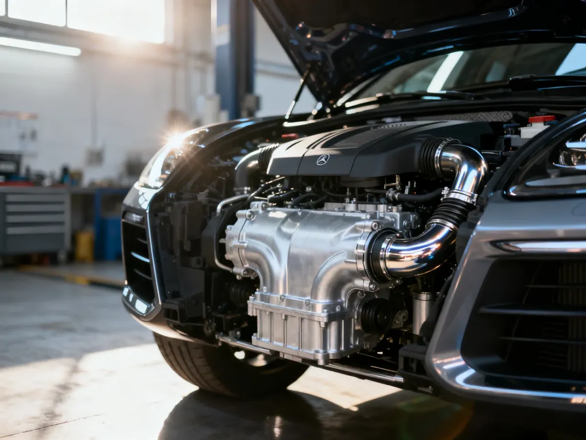 Otwarta komora silnika nowoczesnego SUV-a marki Mercedes z widocznymi detalami jednostki napędowej.