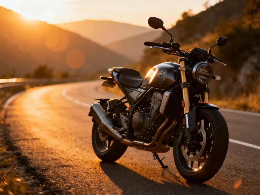 Nowoczesny motocykl średniej mocy zaparkowany na górskiej drodze w świetle zachodzącego słońca.