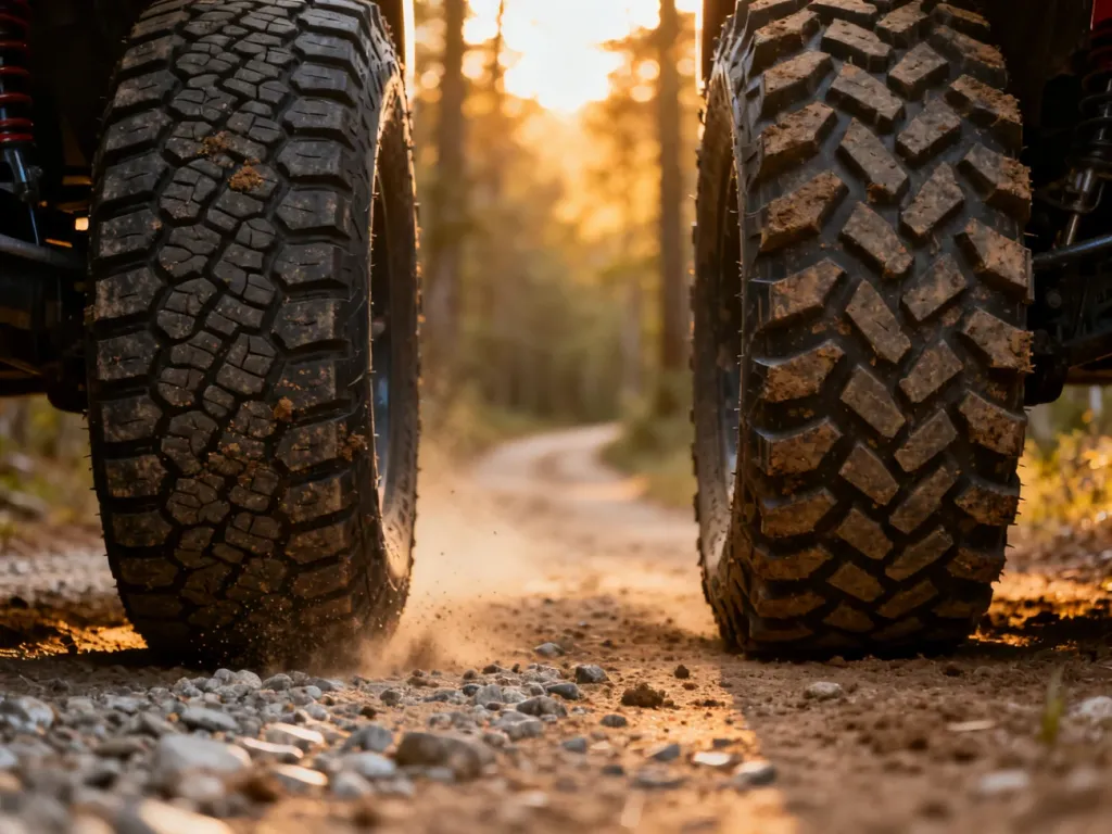 Porównanie bieżników opon typu All-Terrain i Mud-Terrain na szutrowej drodze w lesie.