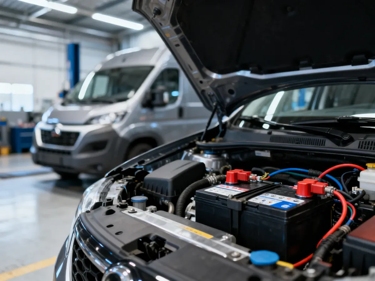 Otwarta maska Opla Vivaro z widocznymi zaciskami akumulatora i instalacją elektryczną w profesjonalnym warsztacie.