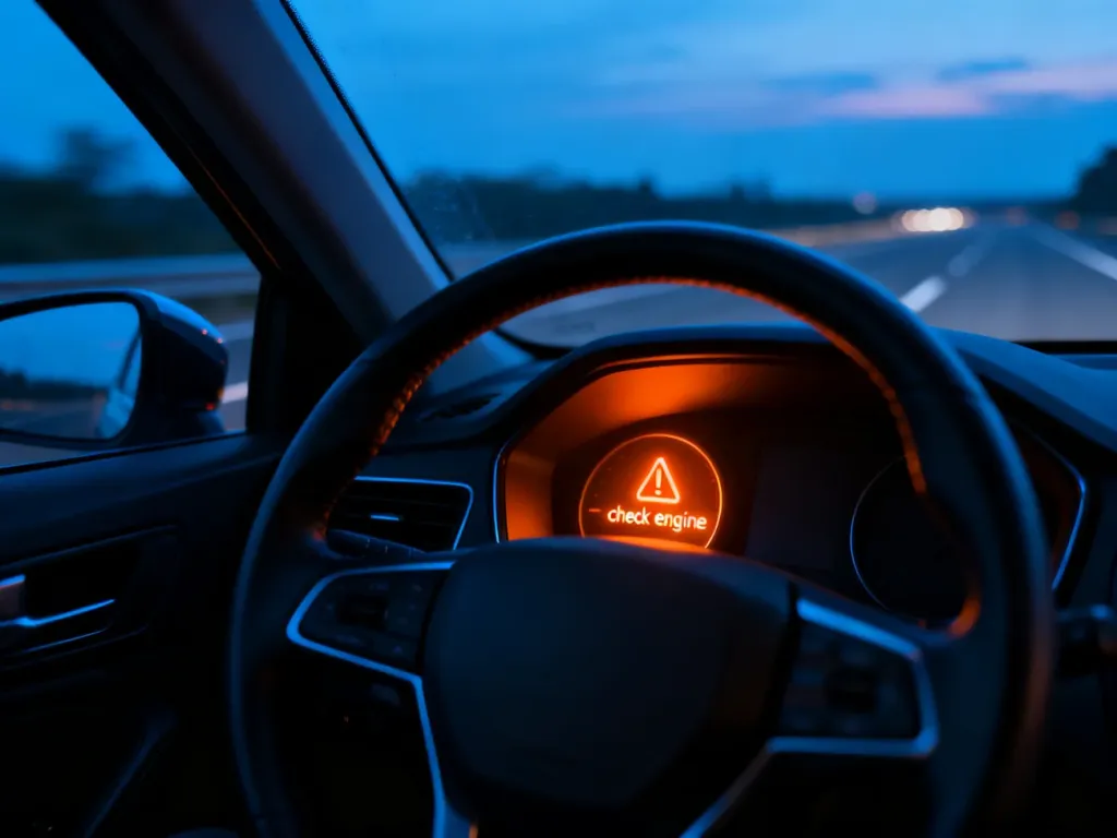 Świecąca pomarańczowa kontrolka „check engine” na desce rozdzielczej nowoczesnego samochodu podczas jazdy.