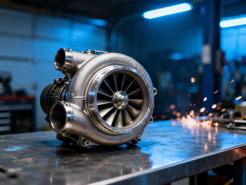 Zbliżenie na wirnik nowoczesnej turbosprężarki samochodowej na warsztatowym stole. Widoczne precyzyjne łopatki mechanizmu.