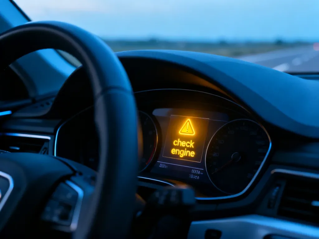 Zbliżenie na deskę rozdzielczą samochodu z podświetloną na żółto kontrolką „check engine” sygnalizującą awarię silnika.