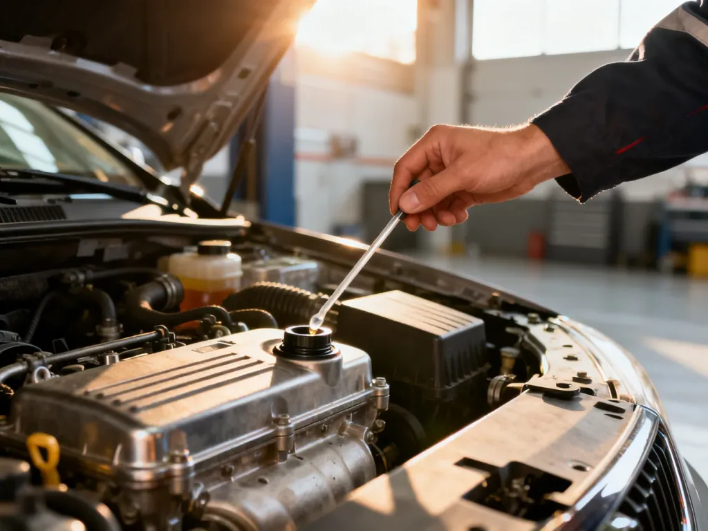 Mechanik sprawdza poziom oleju w silniku Kia Ceed, wskazując na korek wlewu oleju w otwartej komorze silnika.