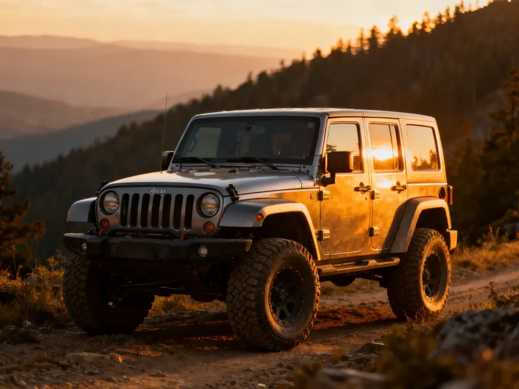 Jeep Cherokee zaparkowany na górskim szlaku podczas złotej godziny, podkreślający terenowy charakter pojazdu.